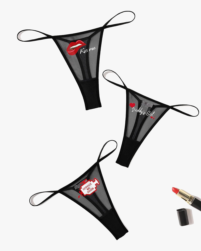 Black mesh thong panties with printed phrases, sexy lingerie for women