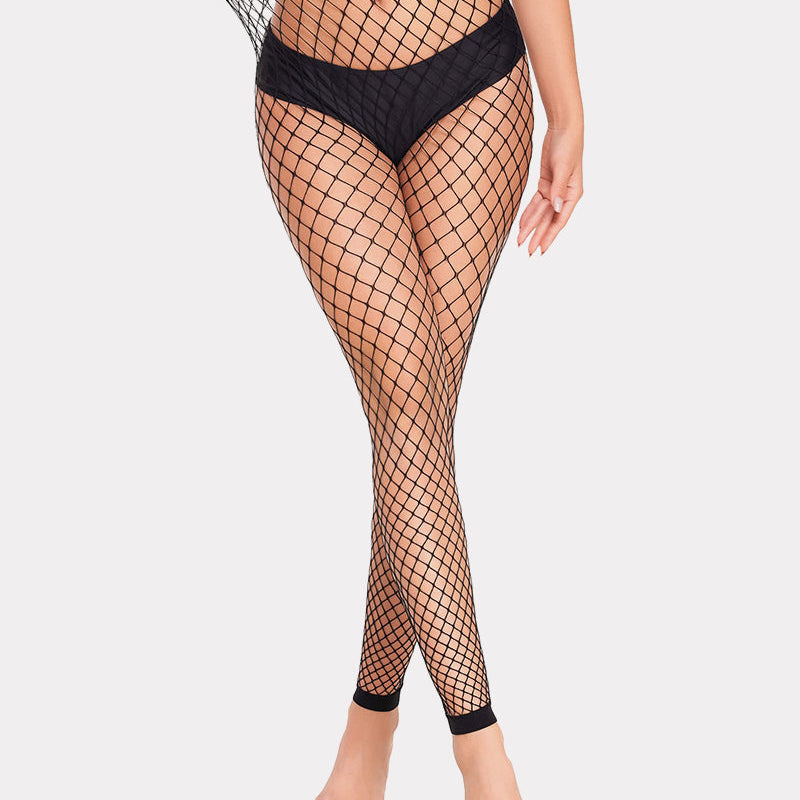 Black fishnet footless high waist tights, diamond net pattern, body curve fit lingerie