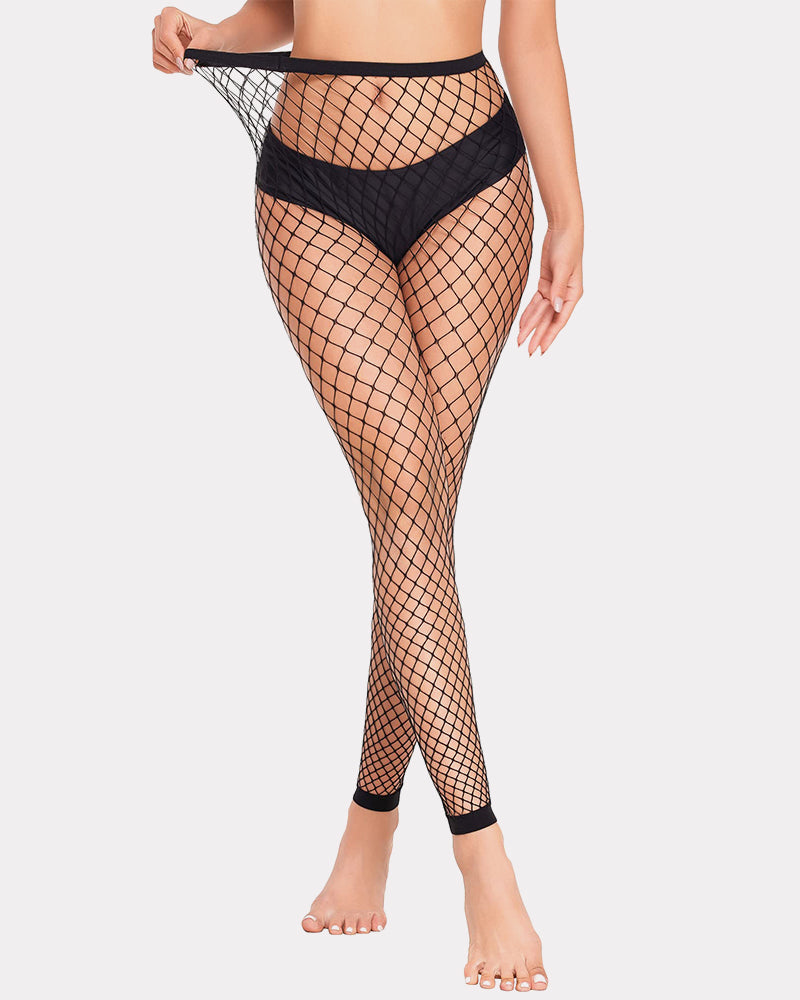 Black fishnet footless high waist tights, diamond net pattern, body curve fit lingerie
