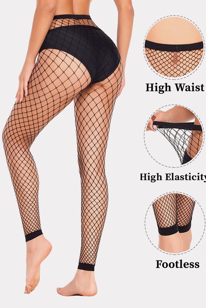 Black fishnet footless high waist tights with high elasticity and body curve fit, lingerie