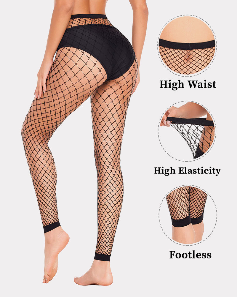 Black fishnet footless high waist tights with high elasticity and body curve fit, lingerie