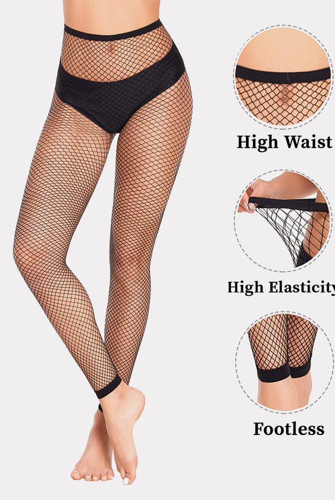 Black fishnet high waist footless pantyhose, showcasing elasticity and design for a stylish look.