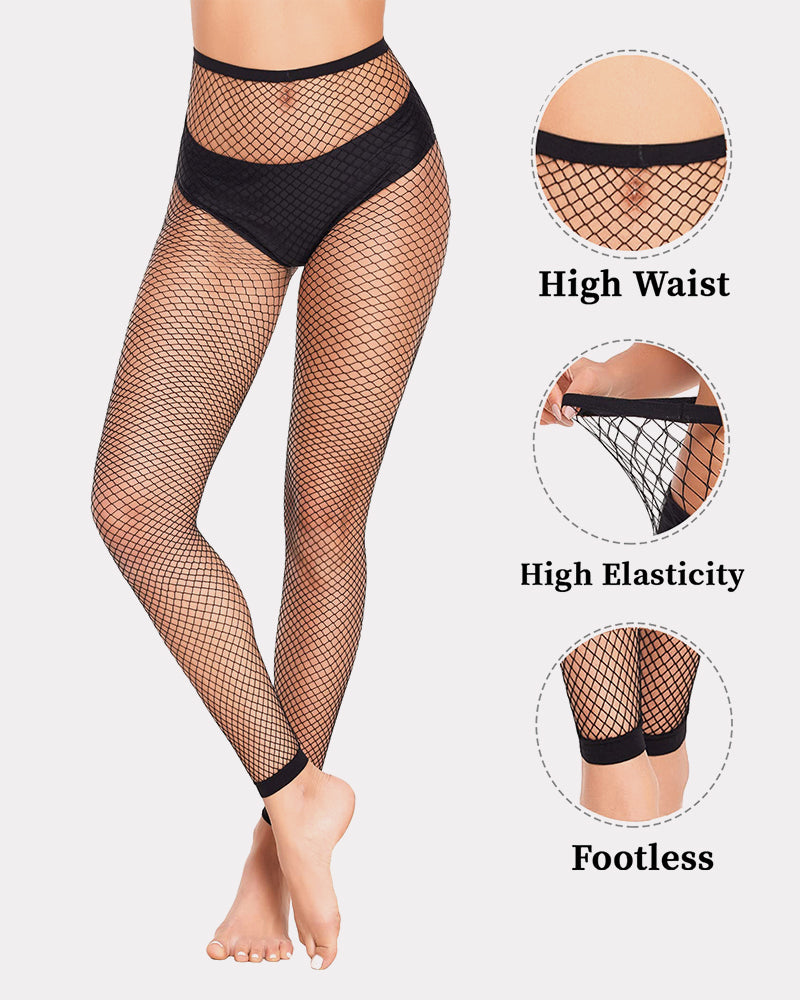 Black fishnet high waist footless pantyhose, showcasing elasticity and design for a stylish look.