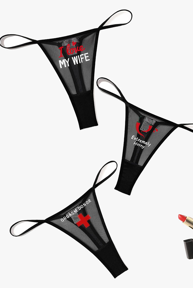 Black mesh thong panties with printed phrases; sexy lingerie for women; low rise V-back panties