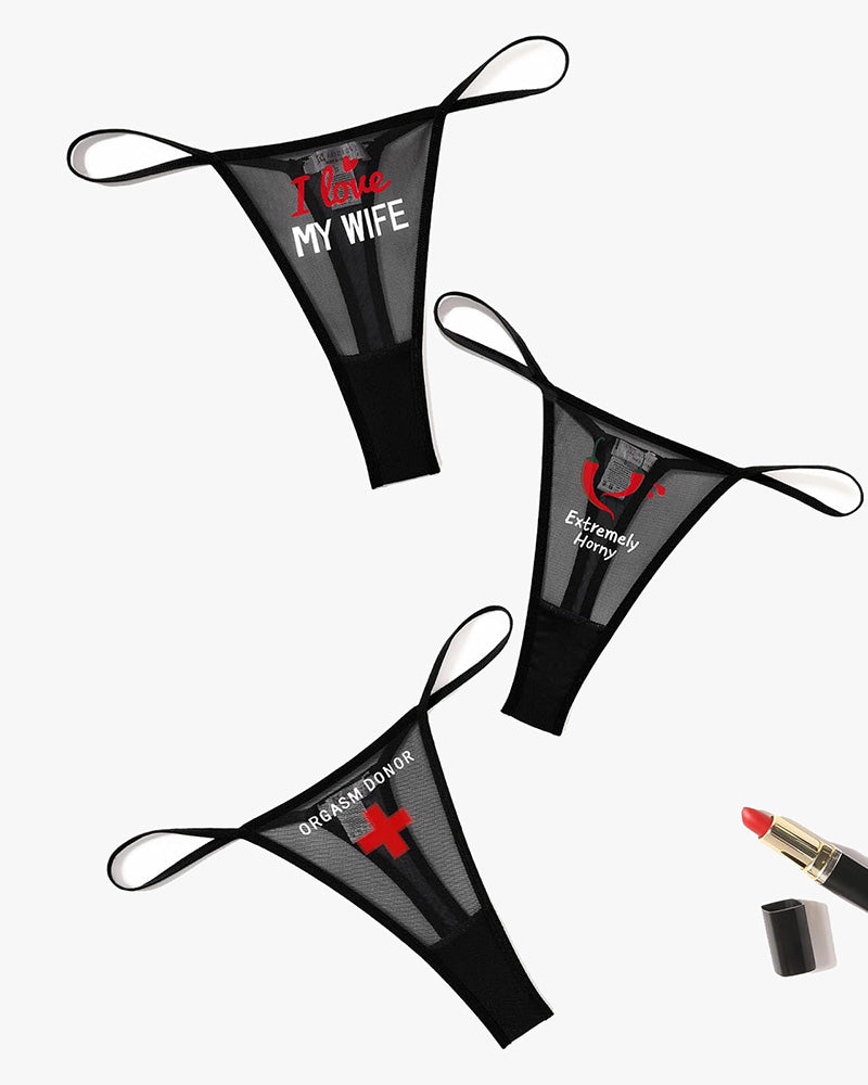 Black mesh thong panties with printed phrases; sexy lingerie for women; low rise V-back panties