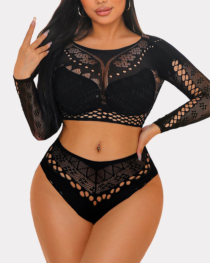 Black fishnet long sleeve lingerie set, high waist bottoms, Avidlove, perfect for showing curves