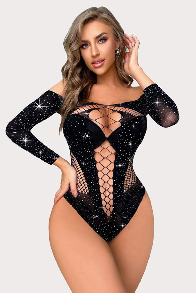 Black mesh rhinestone fishnet bodysuit, off-the-shoulder design, for a sexy and confident look