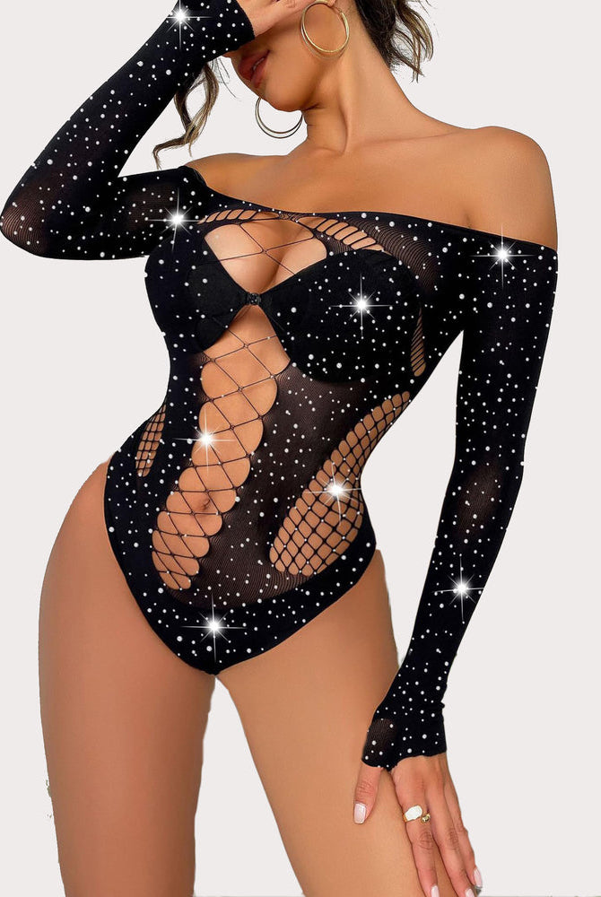 Mesh rhinestone fishnet bodysuit, off-the-shoulder, long sleeves, confident look. Avidlove.