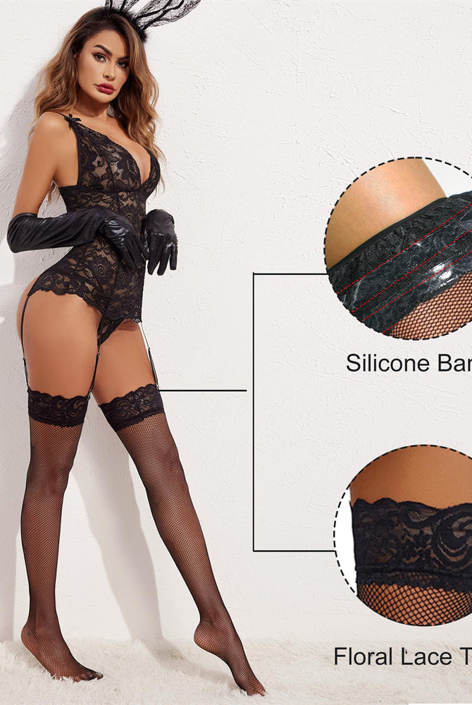 Black lace bodysuit with fishnet stockings, floral lace trim and silicone band, sexy lingerie.