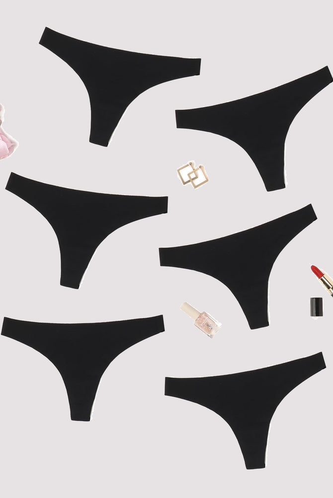 Black seamless thongs, breathable and comfortable. Perfect for no-show wear with low-rise fit.