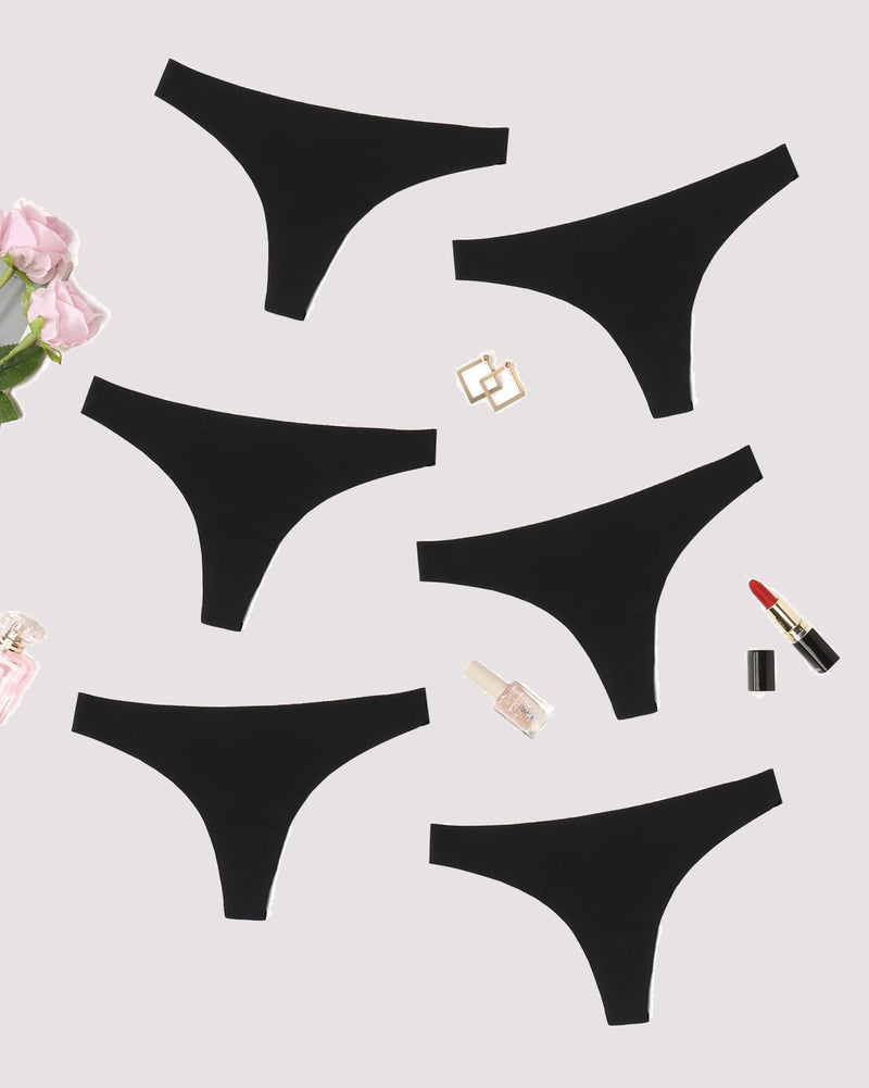 Black seamless thongs, breathable and comfortable. Perfect for no-show wear with low-rise fit.