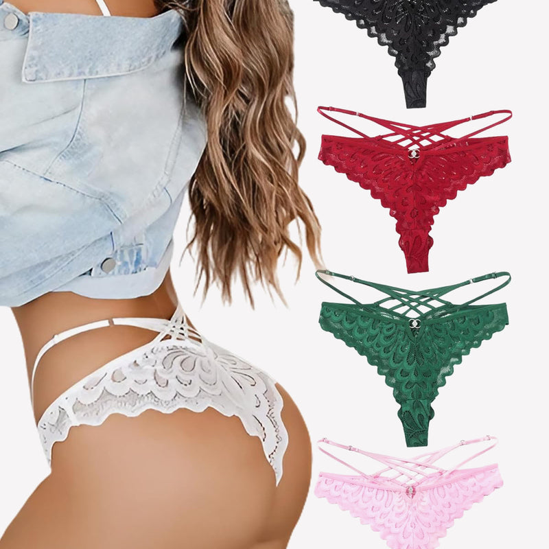 Lace thong panties in multiple colors: white, black, red, green, and pink. Criss cross back.