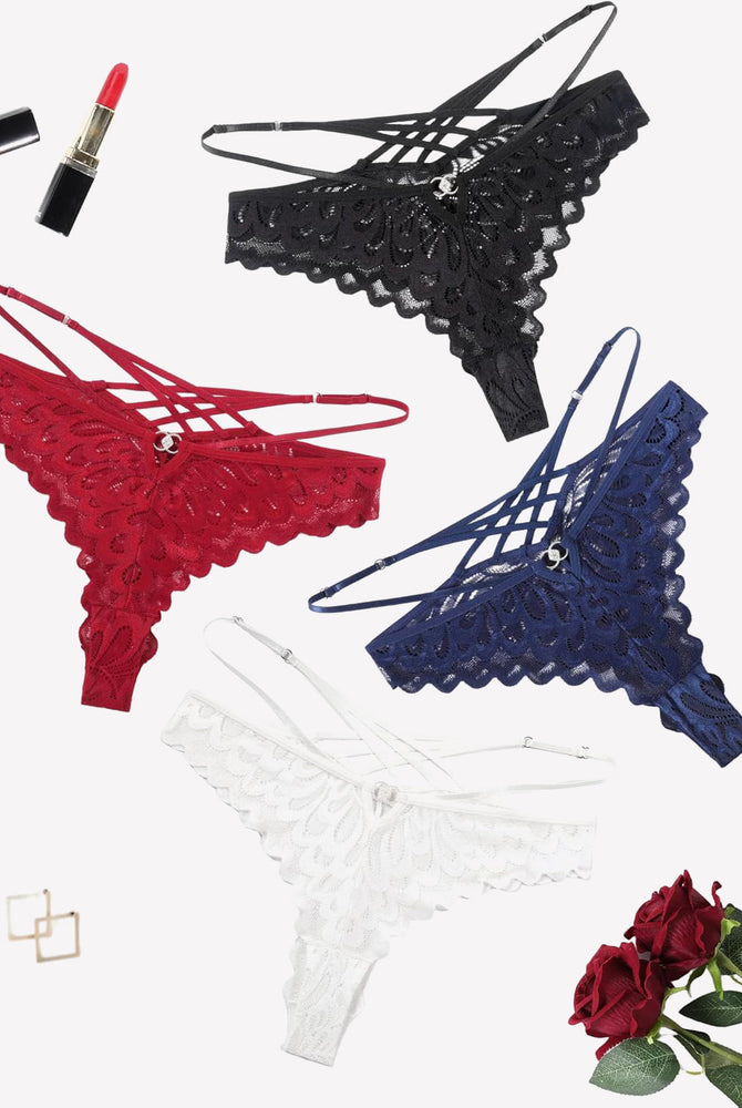 Lace thong panties in black, red, navy, and white with criss-cross back design. Low-waist.
