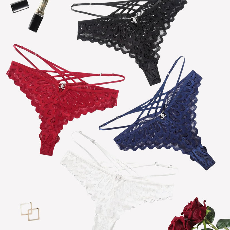Lace thong panties in black, red, navy, and white with criss-cross back design. Low-waist.