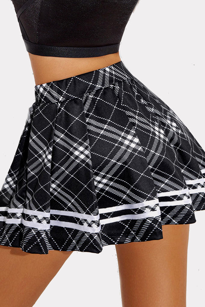High-waisted black plaid mini skirt with white stripes. School uniform style, mini skirt.