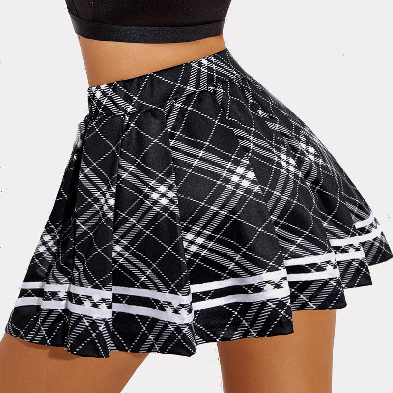 High-waisted black plaid mini skirt with white stripes. School uniform style, mini skirt.