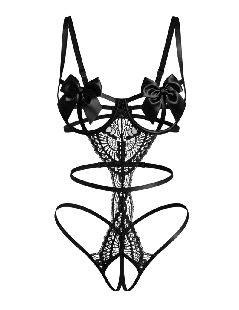 Black lace teddy bodysuit set with satin bow underwire cups and strappy briefs