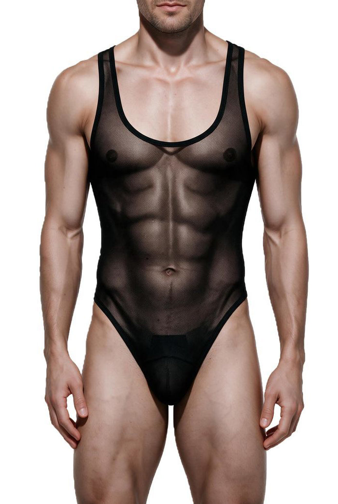 Sheer mesh thong bodysuit with black trim, sleeveless one-piece