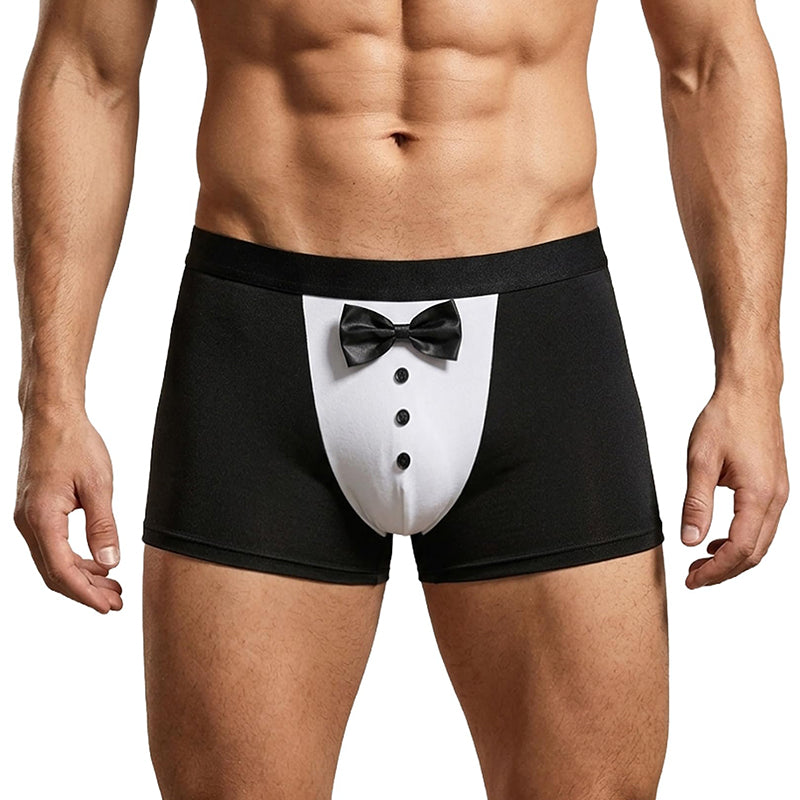 Black tuxedo boxer briefs with satin bow and white button front panel on model