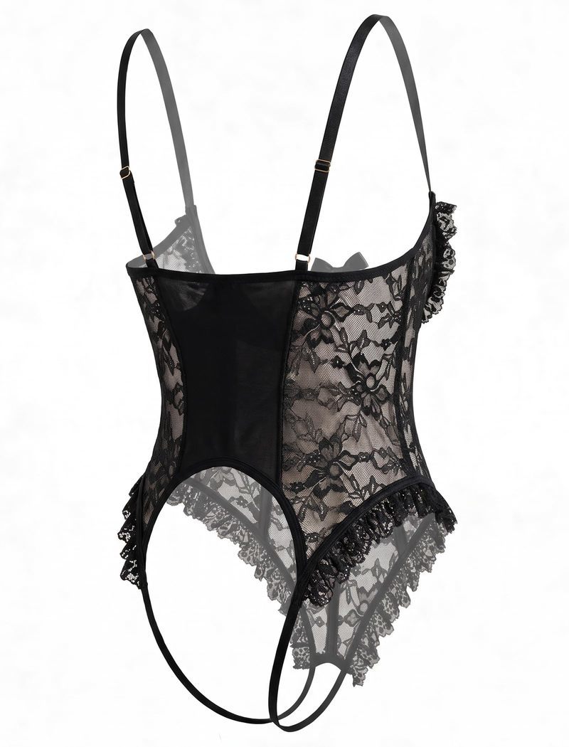Back view of a black lace teddy bodysuit with sheer panels and ruffle trim.