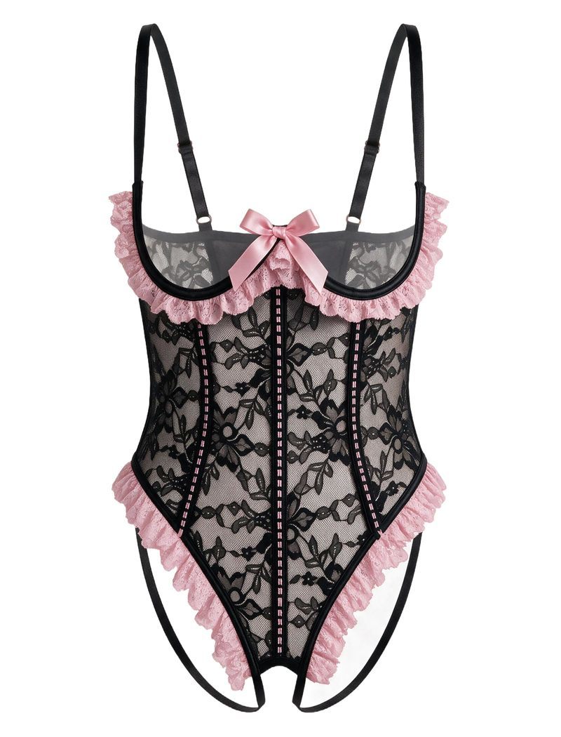 Black floral lace teddy bodysuit with pink ruffles and a pink bow.