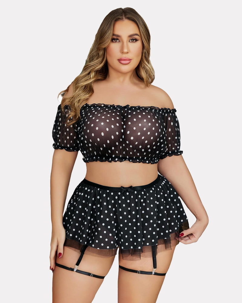 Off-shoulder lingerie set with white polka dots, garter straps, sheer mesh skirt