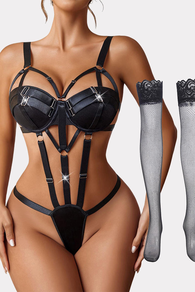Black push-up teddy lingerie set with harness, fishnet stockings. Enhance curves and confidence