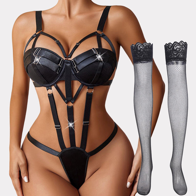 Black push-up teddy lingerie set with harness, fishnet stockings. Enhance curves and confidence