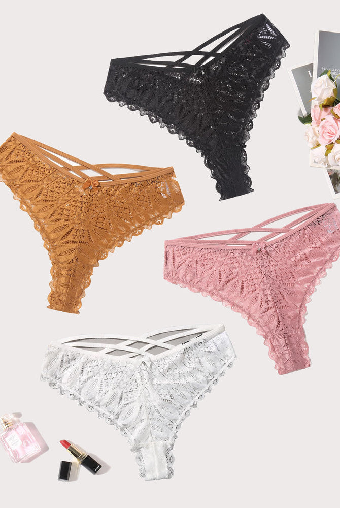 Avidlove lace Cheeky Panties in various colors: black, gold, pink, white. Criss-cross design.