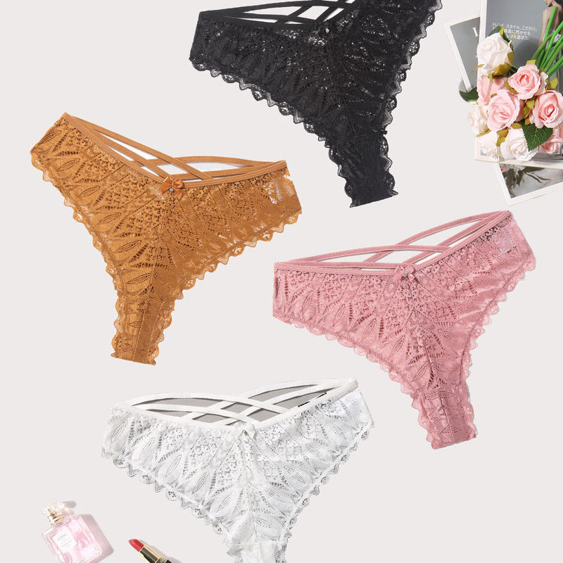 Avidlove lace Cheeky Panties in various colors: black, gold, pink, white. Criss-cross design.