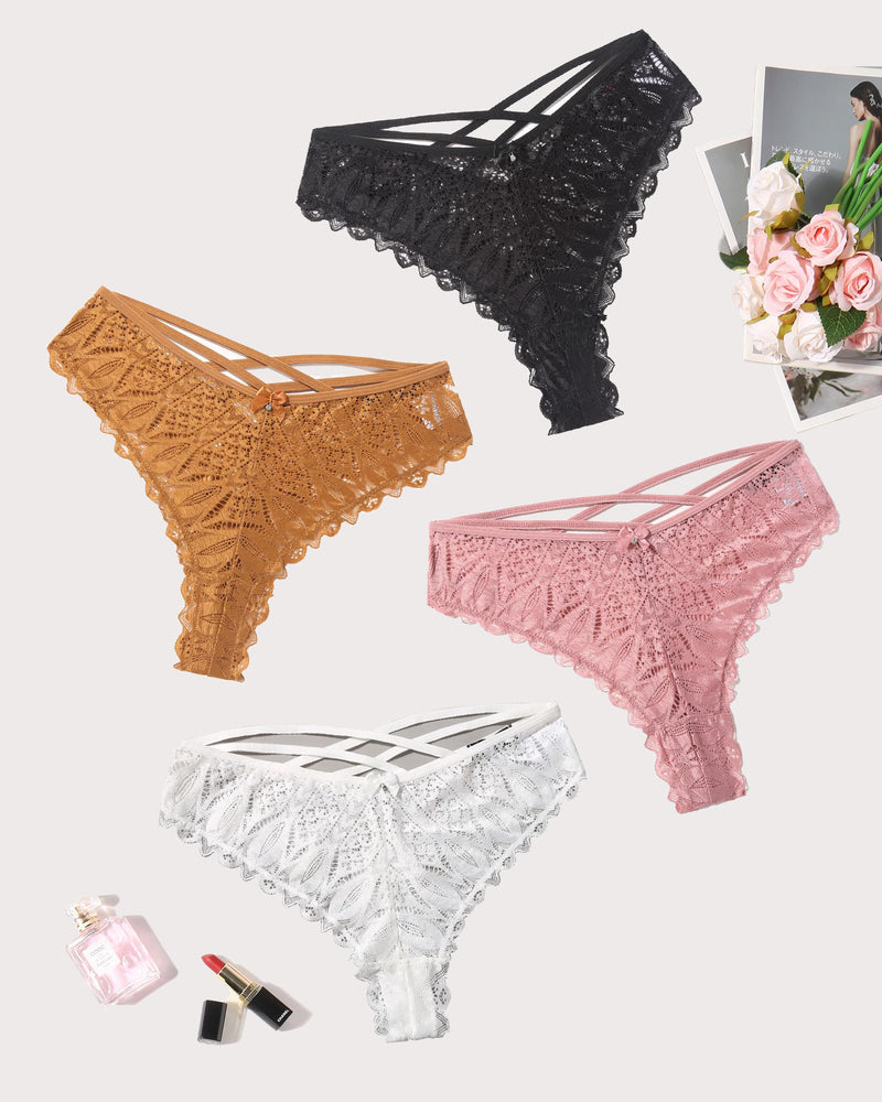 Avidlove lace Cheeky Panties in various colors: black, gold, pink, white. Criss-cross design.
