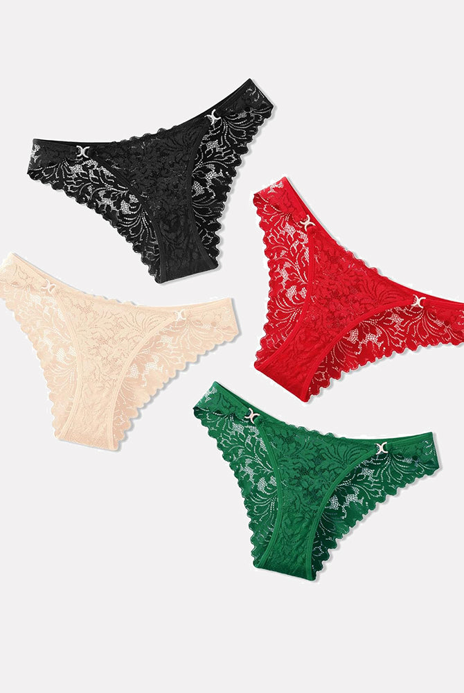 Low-rise cheeky lace tangas set in black, beige, red, and green