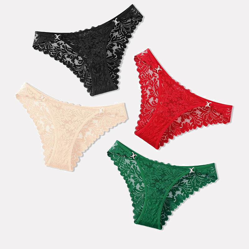 Low-rise cheeky lace tangas set in black, beige, red, and green
