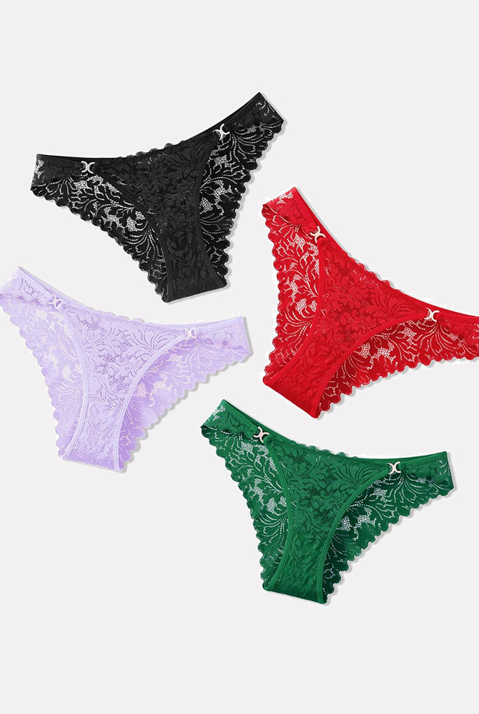 Low-rise cheeky lace tangas set in black, red, lavender, and green