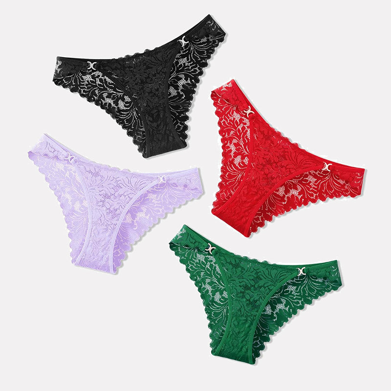 Low-rise cheeky lace tangas set in black, red, lavender, and green