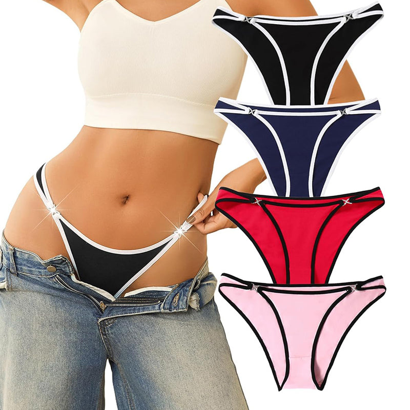 Cotton thong panties with rhinestone accents in black, navy, red, and pink, sensual lingerie