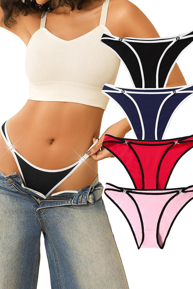 Cotton thong panties with rhinestone accents in black, navy, red, and pink, sensual lingerie