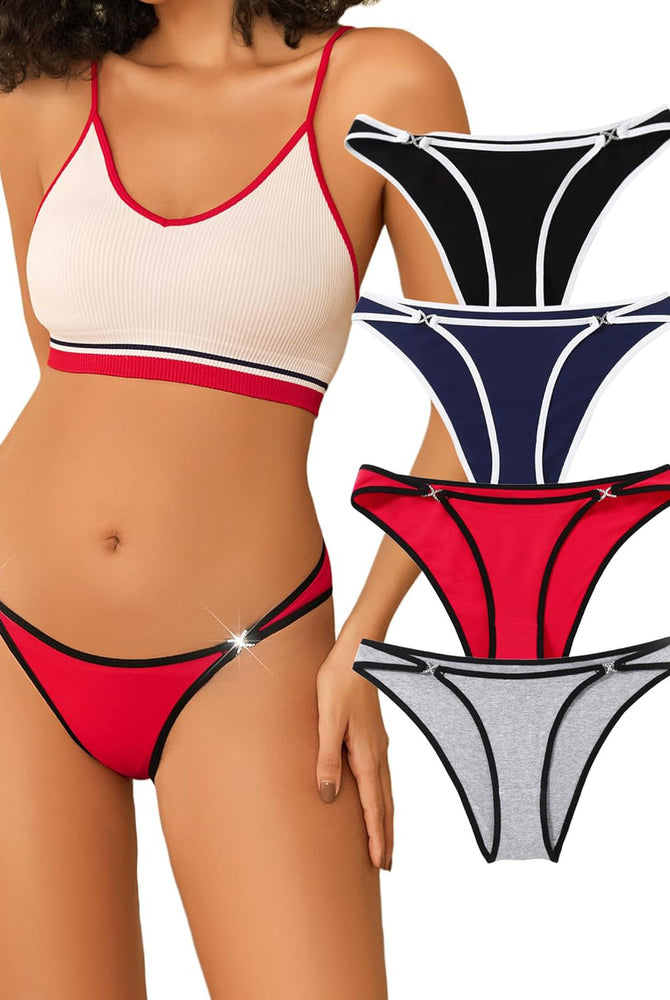 Red thong panty with rhinestone accents, matching bralette, and black, navy, gray thong panties set.