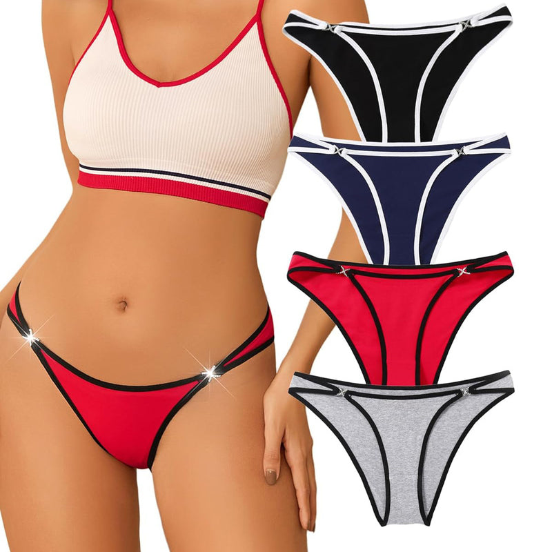 Red thong panty with rhinestone accents, matching bralette, and black, navy, gray thong panties set.