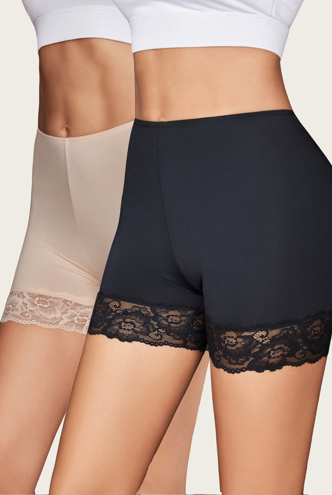 Beige and black under shorts shapewear with lace hemline for dresses, anti-chafing comfort