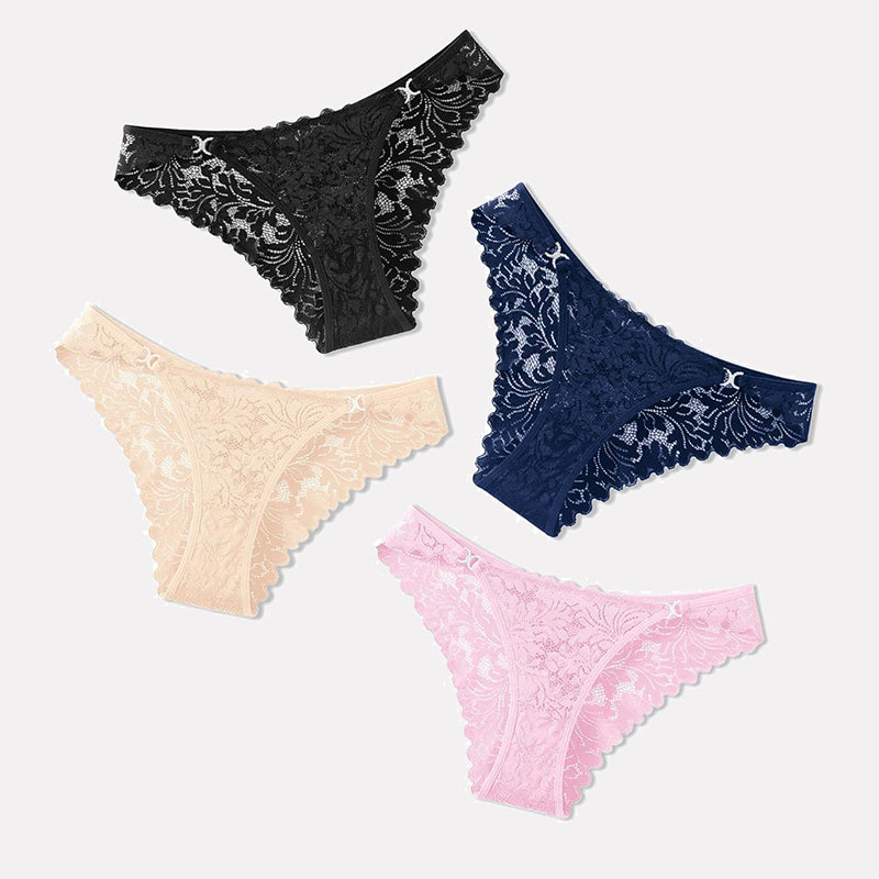 Low-rise cheeky lace tangas set in black, beige, navy, and pink