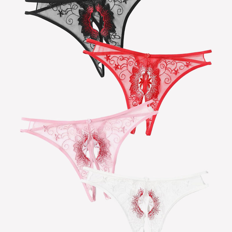 Floral embroidered thong panties in black and red lace mesh, with a pink thong layer.