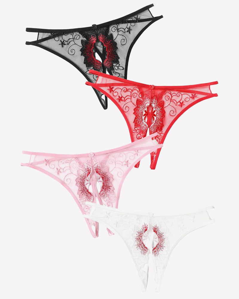 Floral embroidered thongs in black, red, pink, and white. Low rise design, sexy lingerie for women.