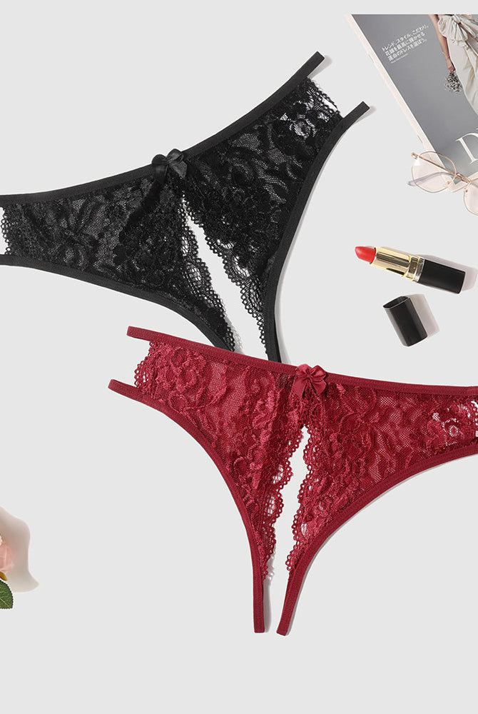 Avidlove floral lace panties: black and burgundy. Low-rise with cut-out, bow design. Sexy lingerie.