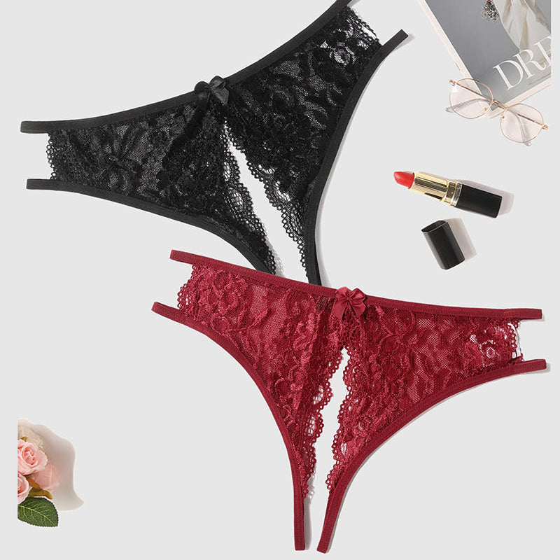 Avidlove floral lace panties: black and burgundy. Low-rise with cut-out, bow design. Sexy lingerie.