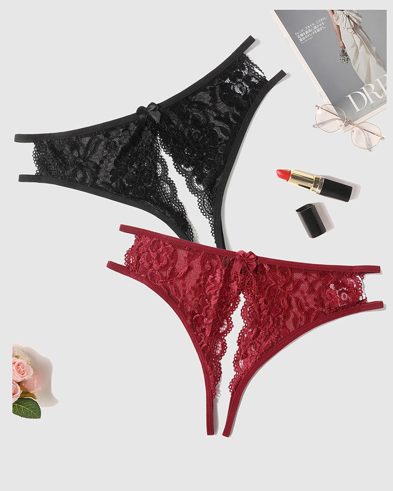 Avidlove floral lace panties: black and burgundy. Low-rise with cut-out, bow design. Sexy lingerie.