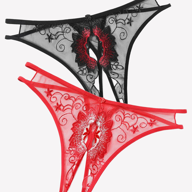 Floral embroidered thong panties in mesh, black with red and pink accents