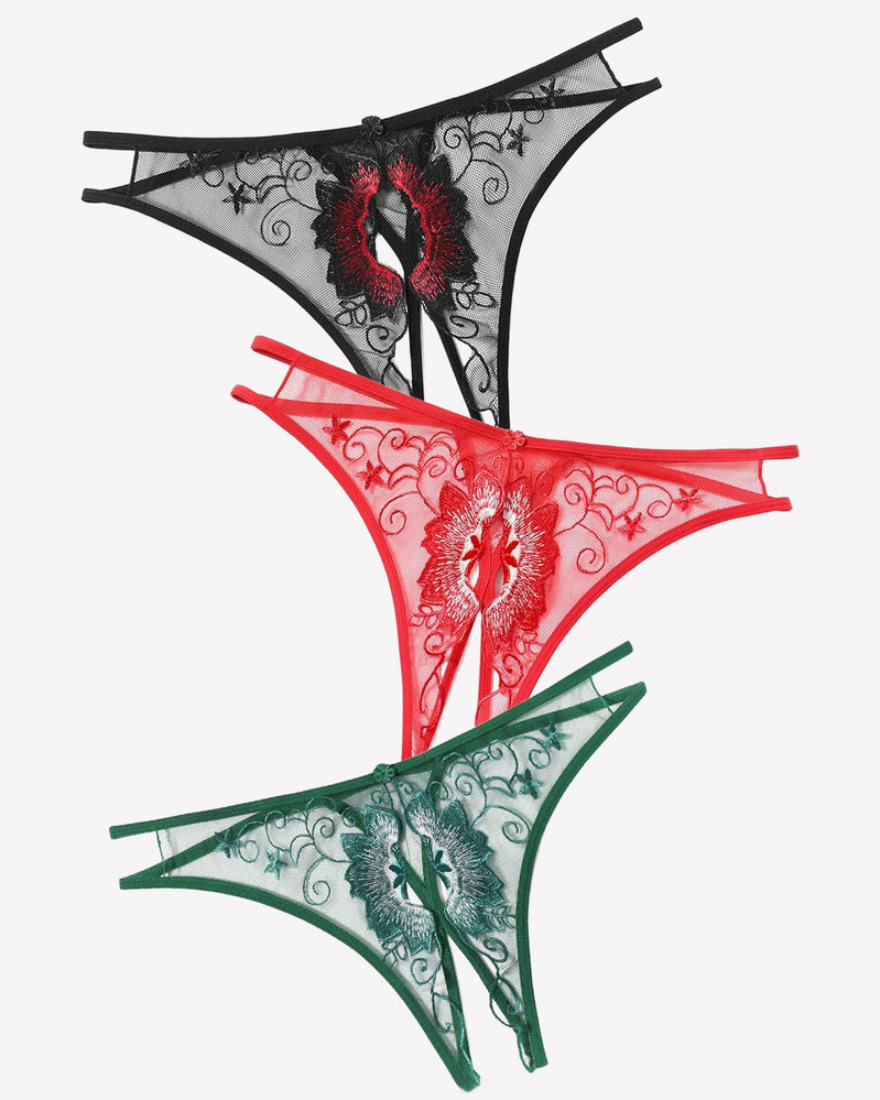 Floral embroidered thong panties in black, red, and green mesh with scalloped edges.