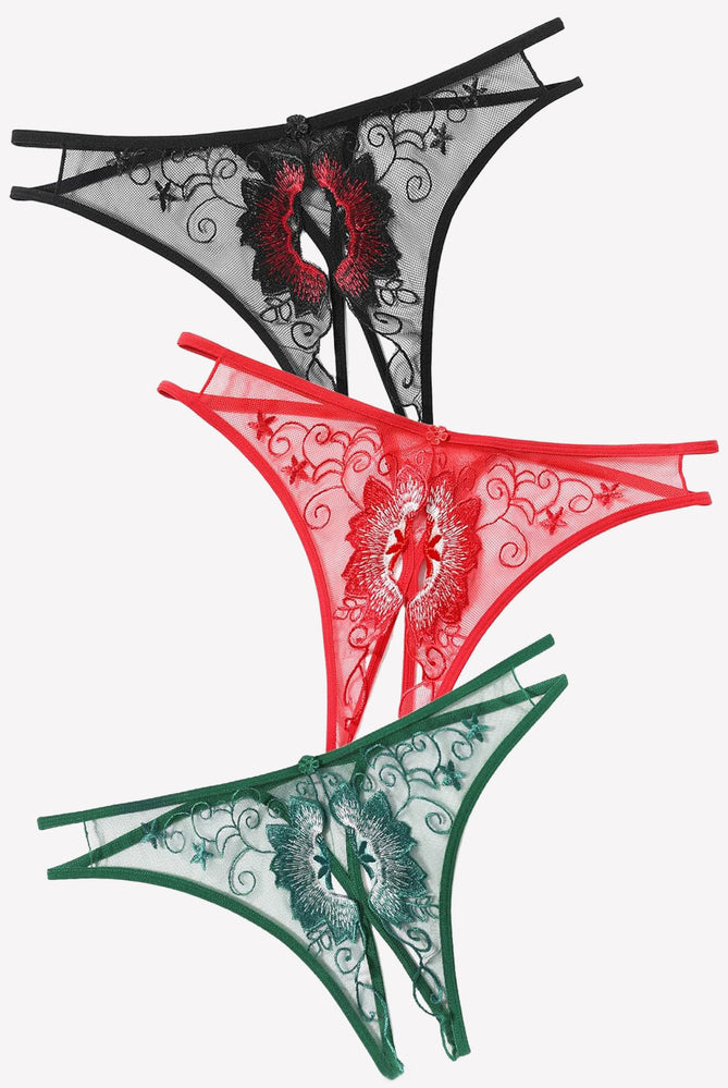 Floral embroidered thong panties in black, red, and green mesh with scalloped edges.