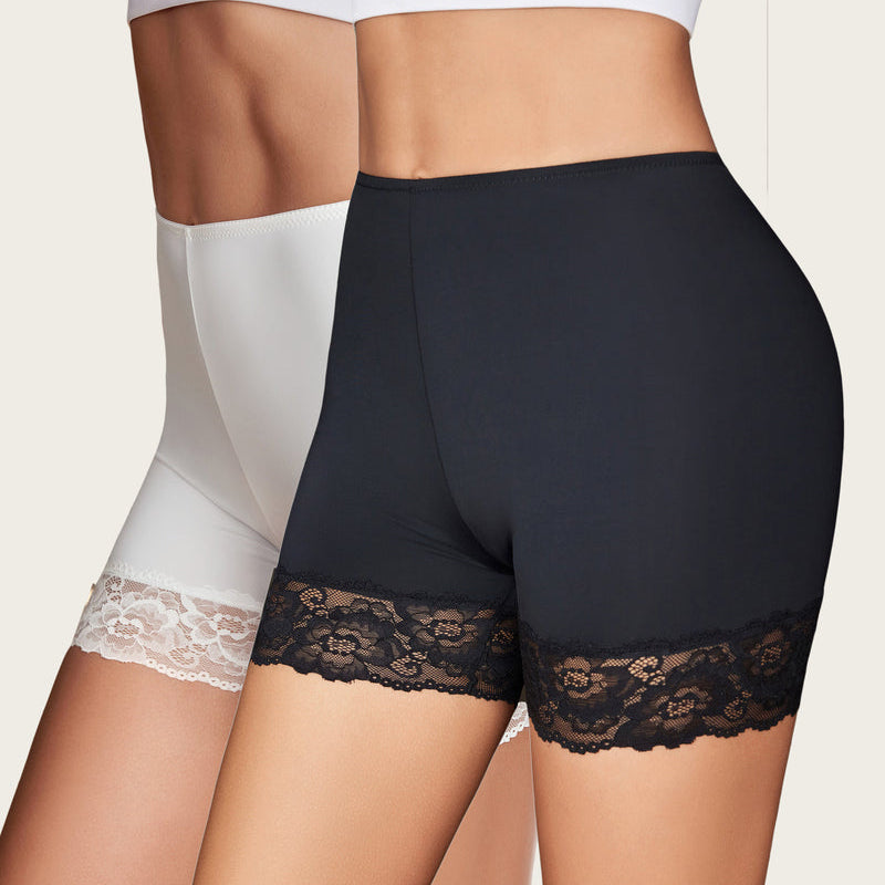 Black and white under shorts shapewear for dresses with lace hemline, anti-chafing comfort